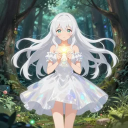 full body cute bombshell anime waifu woman with white floating hair, pearlescent white magical girl dress. holding tiny glowing star. isekai enchanted forest, symmetrical face. symmetrical detailed defined eyes. beautiful lineart. pixiv # 1 ranking depth of focus, chromatic aberration, noise, soft lighting, srgb, 4 k, by rembrant, kuvshinov, and ross tran red green black hole