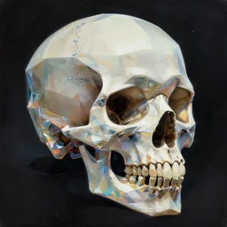 an epic fantastic realism comic book style painting of a skull shaped glassine fractal dichroic shard geometry low poly skull, dynamic lighting