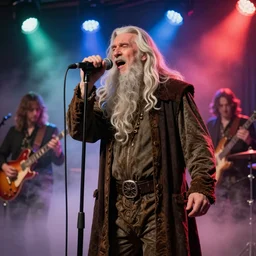 gandalf singing into a microphone in a funk band, fog machine, colored spotlights