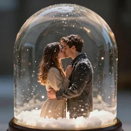 kissing couple inside a snow globe, award winning photo, depth of field, dramatic, burning
