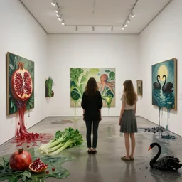 painting of a flooded modern art gallery and a tall emo girl, art gallery interior, paintings melting into the gallery, pomegranates, green vegetables,, octopus, zen, black swans, berries, 2 0 mm lens, surrealist, by magritte and monet