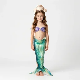 petite mermaid with shell crown, studio photography, full body, standing, isolated on a pure white background, centered, whole figure in frame, sharp focus, studio lighting