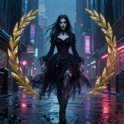 A gothic girl is walking through an futuristic city street at night, it is rainig. Fantasy and concept art, colorful digital painting.