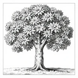 the tree of knowledge bearing strange fruit by mc escher, line art, charcoal, ink drawing, illustration, color