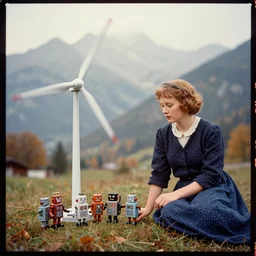 kodak portra 4 0 0, wetplate, muted colours, blueberry, 1 9 3 0 s style, award winning portrait by britt marling of tin toy robots build a wind turbine in bavarian alps in autumn, haze, motion blur, by georges melies