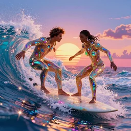 vaporwave sunset waves surfing, sparkles, glitter, hawaii, shine, glimmer, by jeremy mann and scott uminga, led light, highly detailed and intricate, hdr, hyper detailed, insane details, intricate, elite, ornate, elegant, luxury, psychedelic, sharp focus, unreal engine, trending on artstation, octane, trending on deviantart