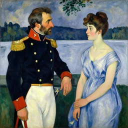 a painting of an old man wearing french revolution era army uniform talking to a young beautiful girl by the lake, by amedeo modigliani
