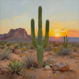 beautiful oil painting of a desert with cactus plants rocks sunset by Mark Maggiori