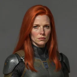 Portrait of a woman by Greg Rutkowski, she is about 50 years old, redhead, long straight hair, beautiful oval face, wearing a futuristic tactical gear, older sister vibes, sad and resigned expression, highly detailed portrait, digital painting, artstation, concept art, smooth, sharp foccus ilustration, Artstation HQ.