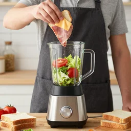 a bachelor tossing ham, cheese, lettuce, tomatoes and two slices of bread into a blender