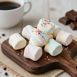 photograph of a marshmallow treats with sprinkles and on a dark wooden chopping board, pastel colours, hessian cloth, styled food photography, photorealistic, 4 k, coffee, chocolate, hdr, 8 k
