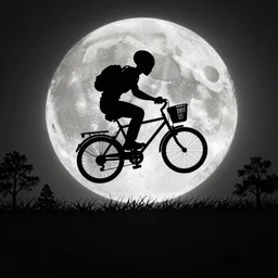 a silhouette of an alien making a big jump with bike with basket in front of it, flying, a silhouette of trees and big grass, big shiny moon on the background at night