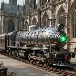 streamline train that looks like gothic cathedral church, warhammer emperium style, gothic locomotive, conic locomotive shaped,  arrow locomotive shape, armored streamline train,gothic  shape patterns locomotive, train with gothic rose windows and arcades elements , hybrid between gothic and streamline style, gothic steel pattern train wheels, art Deco, retro, locomotive streamline lantern light green, octane render, diselpunk, steampunk