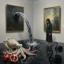 painting of a flooded art gallery and a tall emo girl, a waterfall of squid ink coming from a painting and flooding the gallery, stone sculpture of an octopus, pomegranates, octopus, zen, black swans, berries, surrealist, by magritte and monet