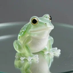 a frog made out of frosted glass sitting on a mirror