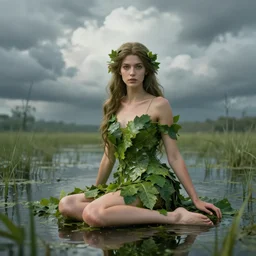 a beautiful portrait of a water nymph with a dress made out of leaves sitting in a swamp landscape, artstation, majestic clouds