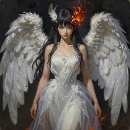 breathtaking detailed painting of full size mononoke princess, by ayami kojima and brom, gauze angel dress, detailed realistic facial features, amalgamation of embers and feathers, 8 k, concept art, matte, sharp focus, rembrandt style