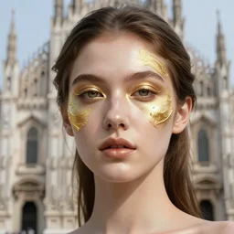 portrait of a beautiful young goddess'face merging with a cathedral building, she is wearing golden cyberpunk face make - up, etheric, emotionally evoking symbolic metaphors, head in focus, ornamental, intricate, elegant, golden ratio, sharp focus, illustration, art by ernst haeckel, h. r. giger, john william godward, gustav klimt,