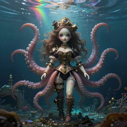 photorealistic soft paint underwater render of a curiosities carnival with a single young beautiful doll in a full steampunk corset, multiples very long tentacles, symmetry accurate features, ominous depths, elegance, refractions, reflections, focus, rainbow lighting, very high details, award winning masterpiece, octane, artstation, squids, by tom bagshaw