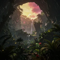 a beautiful render of a dark prehistoric rainforest in a humongous cave, lush flora, patches of yellowish - red - magenta sky, sunset lighting, fireflies, floating mountains and a waterfall in the background, intricate detail, hazy, humid, volumetric lighting, god rays, 8 k, photorealistic, raytracing effects, unreal engine 5