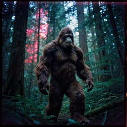 a film photograph of bigfoot in the forests of seattle, neo noir style. cinematic. neon trees glow in the background. cinestill 8 0 0 t film. lens flare. helios 4 4 m