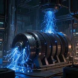 A huge electrical generator with blue sparks flying off in a technological megastructure in the style of Bladerunner 2049