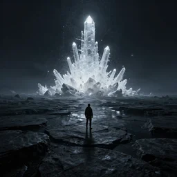 octane render uhd, 8 k art photography, filmic lighting, cinematic art shot, hyperrealistic, hyperdetailed, super detailed, 8 k, high resolution, lone wanderer in a strange place, vast dark granite landscape with mysterious strangle glowing crystalline structure made of white rocks in the far distance, particle simulation, high tech architectural wonder alien structure, painting by ross tran and ivan aivazovsky, black water, midnight