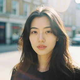 analog head and shoulders frontal face portrait photography of a beautiful woman in london. canon 8 5 mm f 1. 2 lens. kodak portra 8 0 0 film photography. depth of field. heavy film grain. hq. filmic. dreamy. lens flare. in - focus