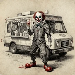 a drawing, made with charcoal and blood on a skin parchment by an insane!! person showing an Clown selling ice cream from an ice cream truck