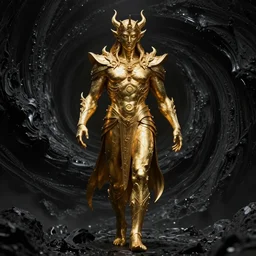 a god with gold metallic skin, full body, swirling black abyss background, mythic, detailed, photorealistic, 8 k, ray - tracing, dark