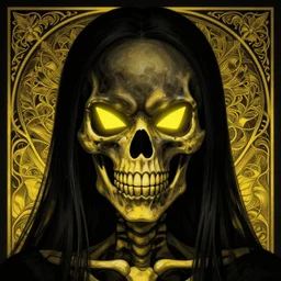 symmetrical flat color black yellow, anthropomorphic highly detailed portrait of scary neon triangle eyes skeleton, intricate, elegant, highly detailed, digital painting, artstation, concept art, smooth, sharp focus, illustration, art by artgerm, bob eggleton, michael whelan, stephen hickman, richard corben, wayne barlowe, trending on artstation and greg rutkowski and alphonse mucha, 8 k