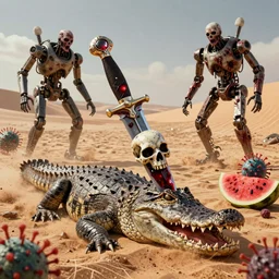 by artgerm and agostino arrivabene, visually stunning, cinematic, ultra realistic, hyper realism, 1 2 k, epic, octane render, unreal engine, vfx, maya, desert waves, skull ring, bloodstone dagger, alligator skin, zombie apocalypse, rogue robot, call the prime land from the yeast, virus - laden watermelon