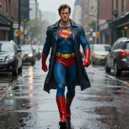 a insanely detailed painting of a man wearing a epic superhero costume walking in the rainy streets