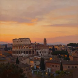 painting of skyline of rome at sunset, natural light, concept art, by greg rutkowski, cozy atmospheric and cinematic lighting
