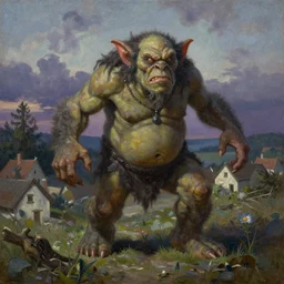 full body portrait of a grotesque troll attacking a village by ed schaap, finely detailed oil painting, twilight, angry face