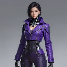 Full body portrait of Japanese female, Cyberpunk 2077, cyborg neck, cybernetic neck implant, Wearing futuristic short violet leather jacket, intricate, elegant, highly detailed, digital painting, artstation, concept art, smooth, sharp focus, illustration, art by artgerm and greg rutkowski