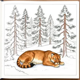 unfinished colouring book showing 'a cougar sleeping in the middle of snowy pine tree' laying on coffee table, zoomed out shot, HD, iphone capture