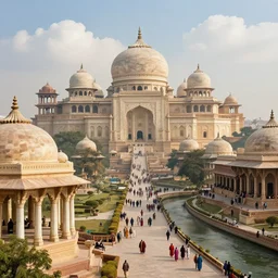incredible architecture of the lost city of kadath, with its many domes and marble columns, with rivers running and streets filled with people in colorful robes, morning light, sunny, white clouds