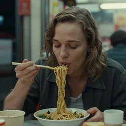 A close-up, color outdoor film still of a Alicia Amanda Vikander Eating noodles at a Chinese food stall, ambient lighting at night, from Blade Runner(1982).