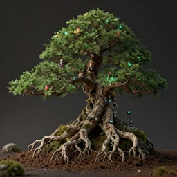 a hyperdetailed photorealistic render of rustic furniture bonsai tree and tree roots with lots of nebari inhabited by Shinto spirit and phosphorescent influences. Octane render, nitrogen-rich soil, ambient lighting, 8k, unreal engine, CGI, focus, no blur, cinematic, matte, photo-realistic.