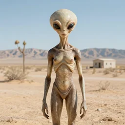 Portrait of an alien in a desert, area 51, realistic photo, Sigma 200mm
