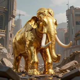 golden mammoth in a ruined city, stylized, artstation, hd, cgsociety, cgi, realistic, dramatic, cinematic, artistic, trending, detailed