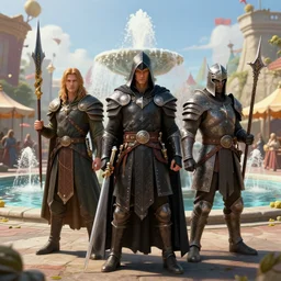 mage, assassin and warrior stand in the middle of the square in front of the fountain, day, carnival background, peter mohrbacher style, dungeons & dragons style, ray tracing, octane render, digital art, realistic, high quality, 8 k