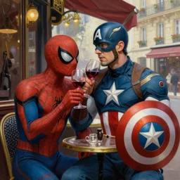 painting by emile friant of spider - man and captain america drinking a glass of red wine in summertime outside a parisian cafe