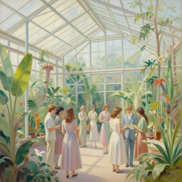 the reveal party of exotic plants in a huge terrarium, the 1 9 6 0 s, oil painting, pale colors, high detail, 8 k, wide angle, trending on artstation