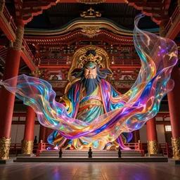 volumetric lighting, flowing shimmering colourful fabrics, emerging sounds and an ancient male bearded face , inside a huge traditional Japanese Royal ornate temple , full colour , upscale , 4k