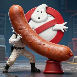 ghostbusters fighting a giant sausage, photograph, highly detailed