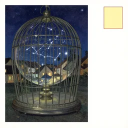 night time english village postcard, spherical cage, constellation, spherical shiny sparkly metallic cage, by mucha