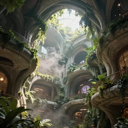 close up view of the inside of a building with biophilic architecture by koichi takada, solarpunk, cinematic, dramatic lighting, hyperrealism, volumetric, misty, beautiful, unreal engine 5 highly rendered, 8 k