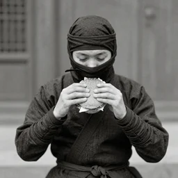 early 1900s photograph of a ninja eating a burger